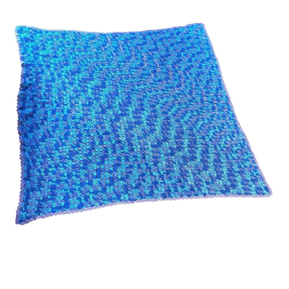 Vintage Crocheted Box Stitch Afghan Throw 60x60 Mermaid Purple Blue Handmade